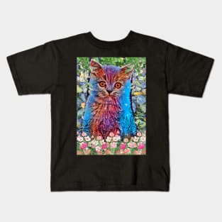 Cute kitten sitting in garden of pink flowers Kids T-Shirt